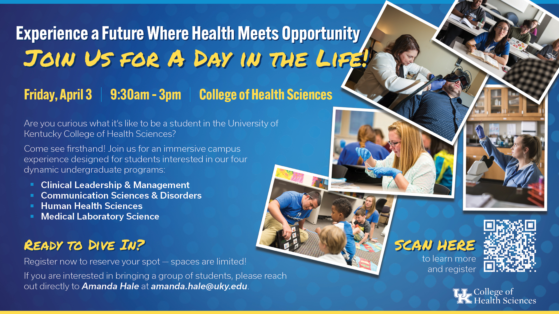 A Day in the Life graphic advertising educational outreach event on April 3rd, 2026.