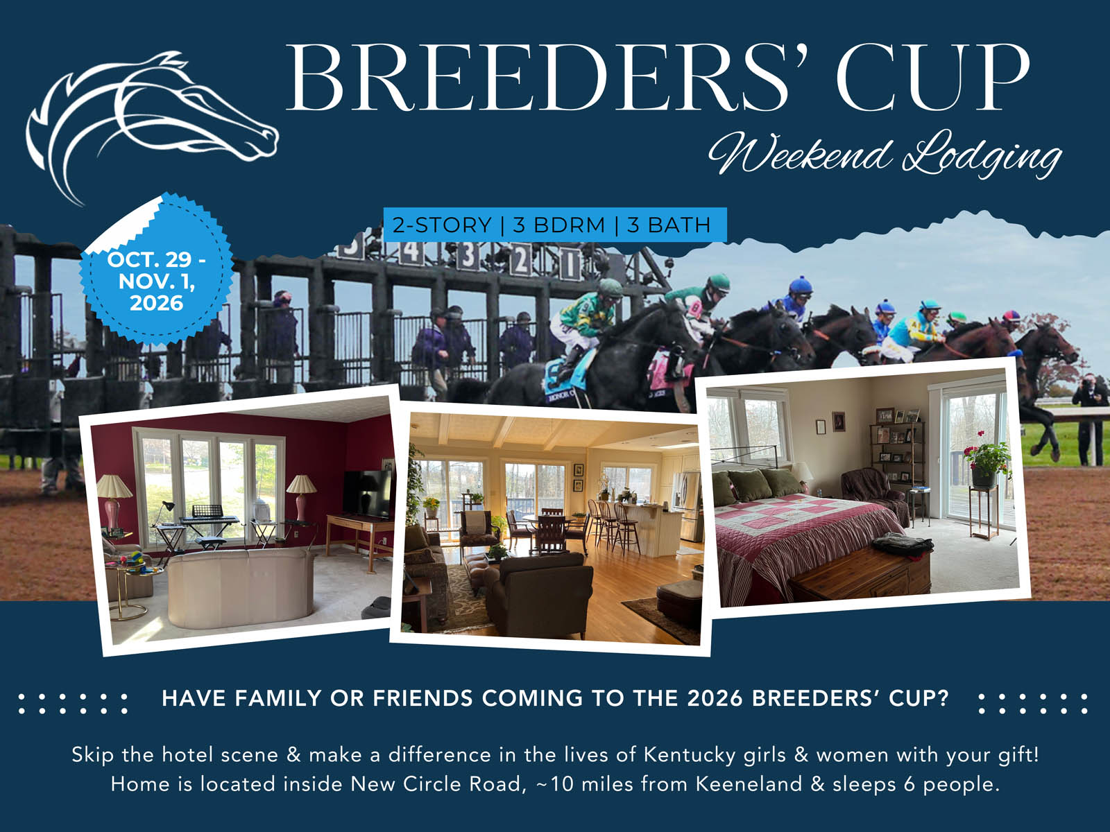 Breeder's Cup Lodging. 3 Bedroom and 3 Bathroom. Oct. 29 - Nov. 1, 2026