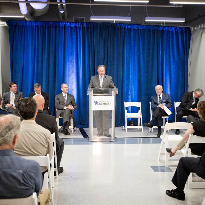 Dean Lephart addresses group at SMRI grand opening